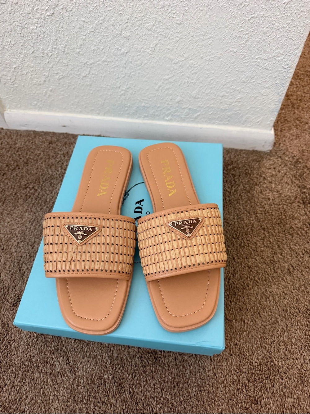 Prada Tan Woven Leather Slide Sandals